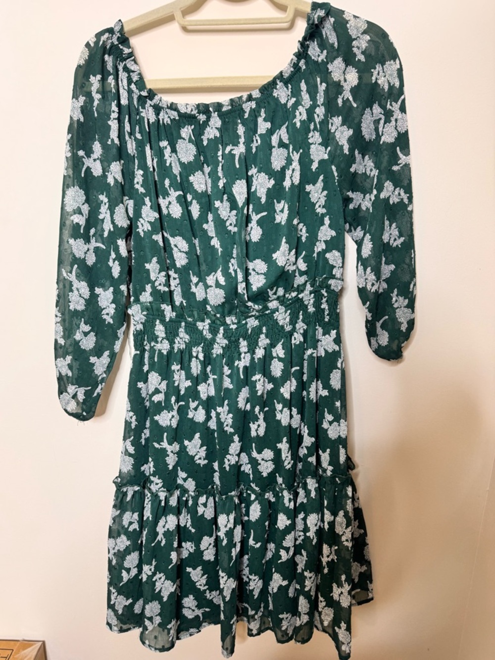 Green Floral Long Sleeve Tiered Dress
